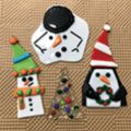 snowman, penguin and Christmas tree glass-fused ornaments