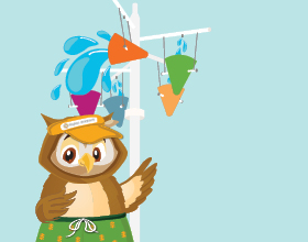 illustration of an owl in a sun visor and swimming trucks standing under a spray feature