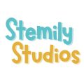 blue and yellow logo of the written words "Stemily Studios"