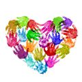 multi-colored painted hands in the shape of a heart