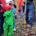 Children dressed in raincoats on paved path hiking in the woods