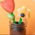 glass jar of chocolate pudding with edible flowers made out of fruits sticking out of it