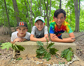 Three children in the woods. They are leaning on a concrete block with leaves displayed before them.