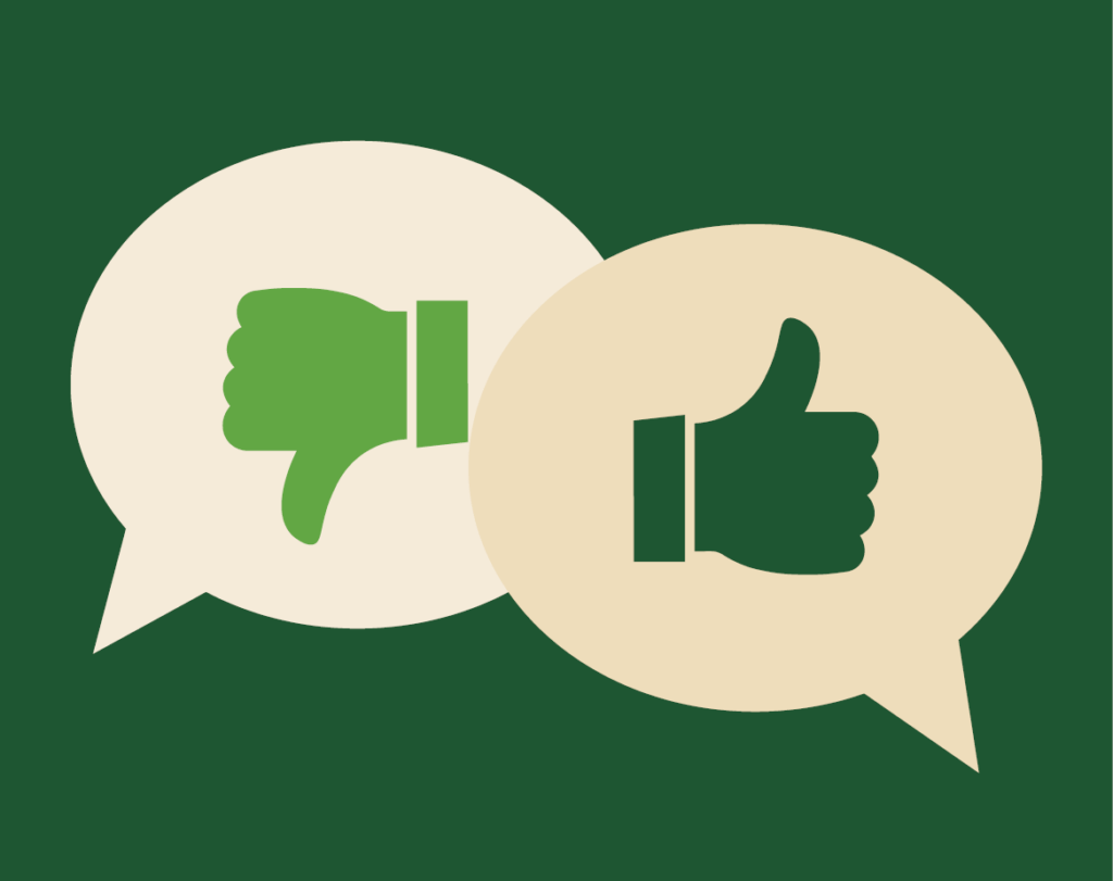 Two speech bubbles with a thumbs up and a thumbs down.