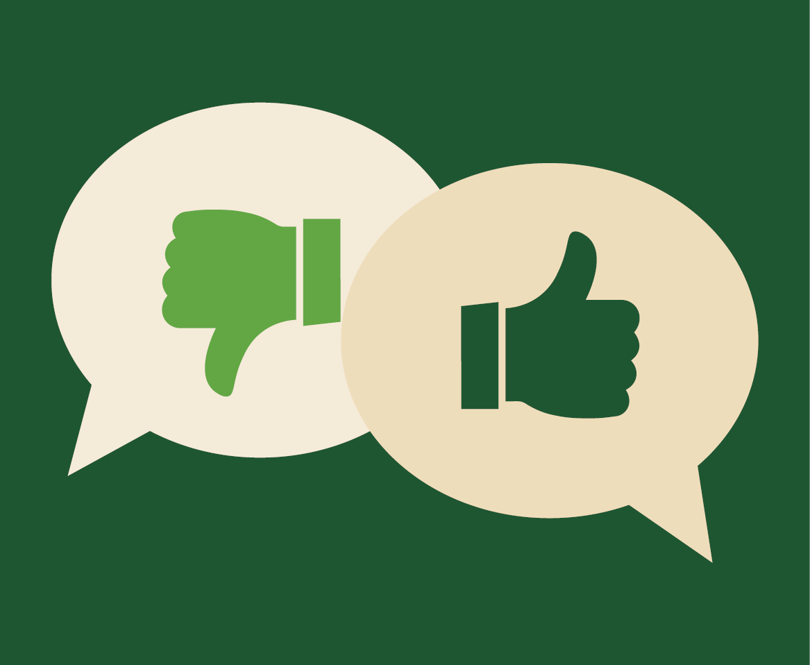 Two speech bubbles with a thumbs up and a thumbs down.