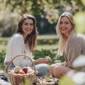 two female friends enjoying a picnic together in a field