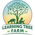 learning tree farm logo which is a green silhouette of a boy sitting beneath a tree reading a book with a goat on the other side