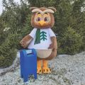 owlexander the cwpd mascot standing next to a blue mail box
