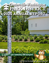 cover of the Centerville-Washington Park District 2025 Annual Report, features a white barn and a peace pole