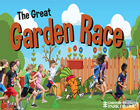 Image of children running across a cartoon garden. A cartoon carrot wearing a headband with a smiling face and arms and legs runs with them. Text reads "The Great Garden Race." The Centerville-Washington Park District logo is in the bottom right corner.