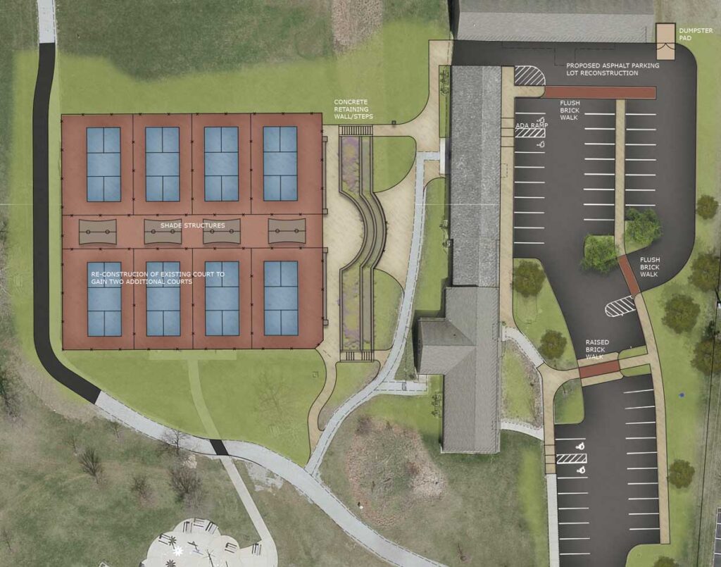Concept plan for updated pickleball courts and parking at Activity Center Park