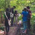 a group of conservationists in the woods learning together
