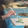 a woman water color painting a sunflower stem