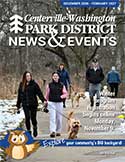 Cover of winter 2026-2027 News & Events, winter scene in nature park of people walking dogs