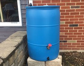 55-gallon blue rain barrel