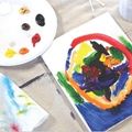paint palate on a table with a painted canvas